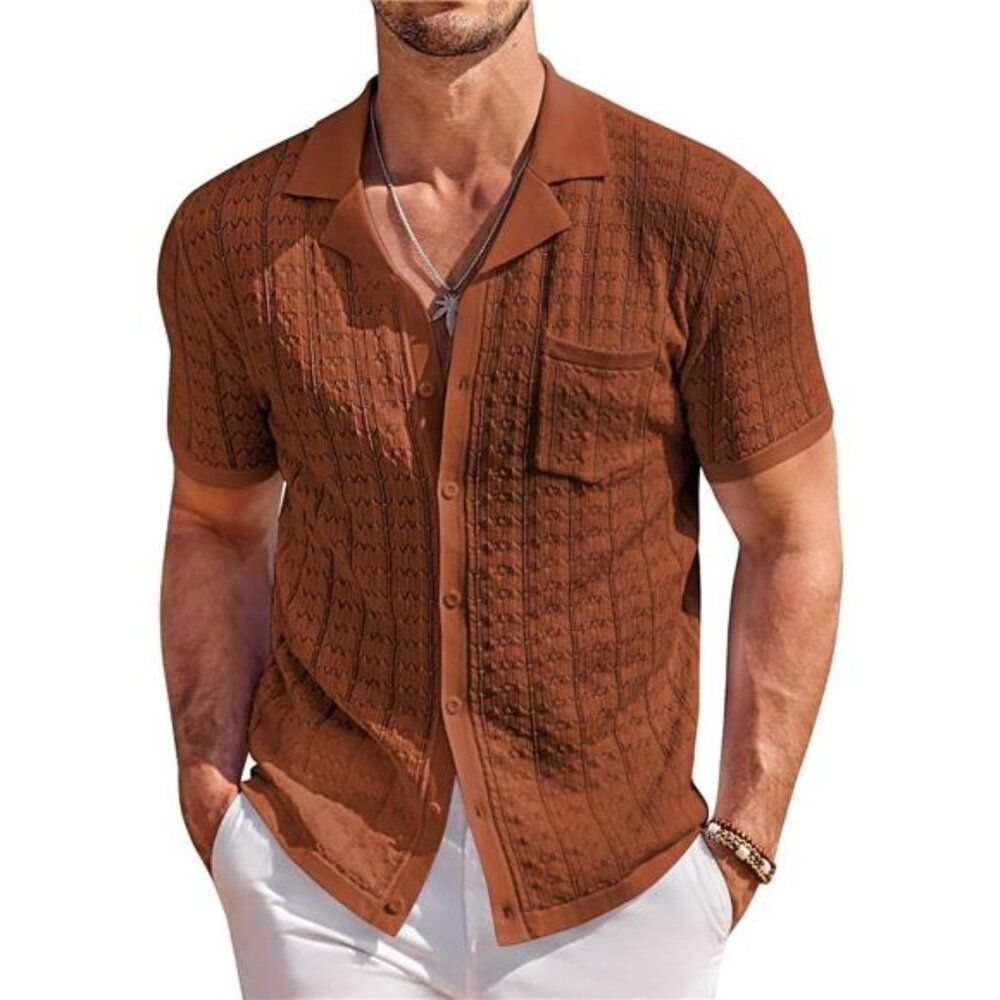 Men's Knit Button Down Shirt Short Sleeve Vintage Polo Shirts Summer